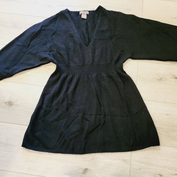Black Kenar Cashmere V-Neck Tunic Sweater Size Small 3/4 Sleeves - Picture 1 of 5